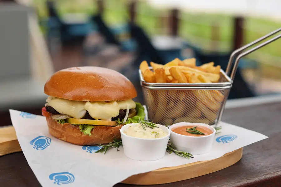 Hamburguesa artesanal con papas fritas